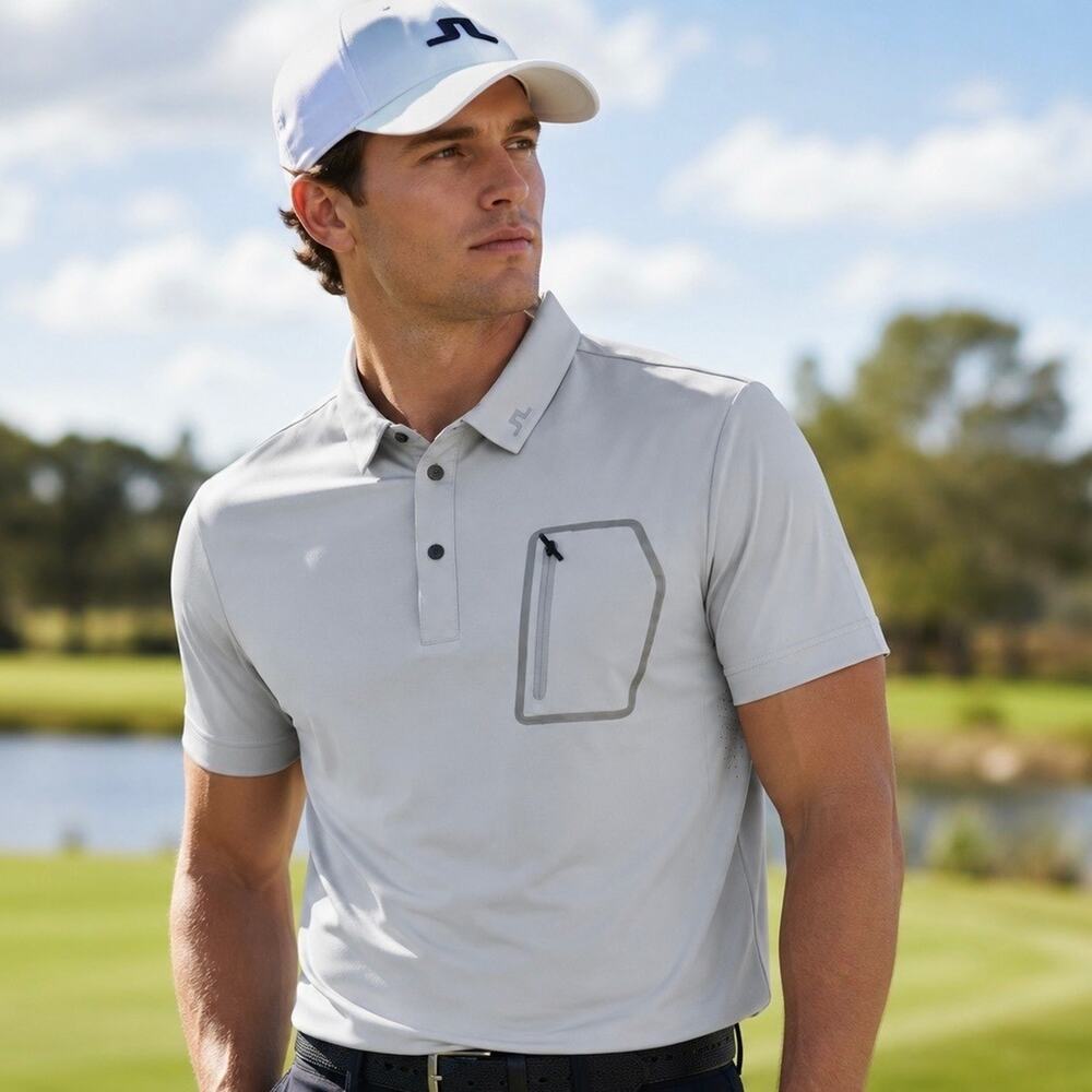 J.Lindeberg Polo Shirt Mens Large Grey Slim Fit Max TX Jersey Cooling Golf